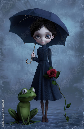 girl holding an umbrella and red rose, wearing a dark blue raincoat with a hood on her head standing next to a green frog. digital art illustration