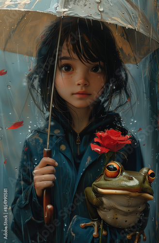 girl holding an umbrella and red rose, wearing a dark blue raincoat with a hood on her head standing next to a green frog. digital art illustration
