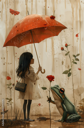 girl holding an umbrella and red rose, wearing a dark blue raincoat with a hood on her head standing next to a green frog. digital art illustration