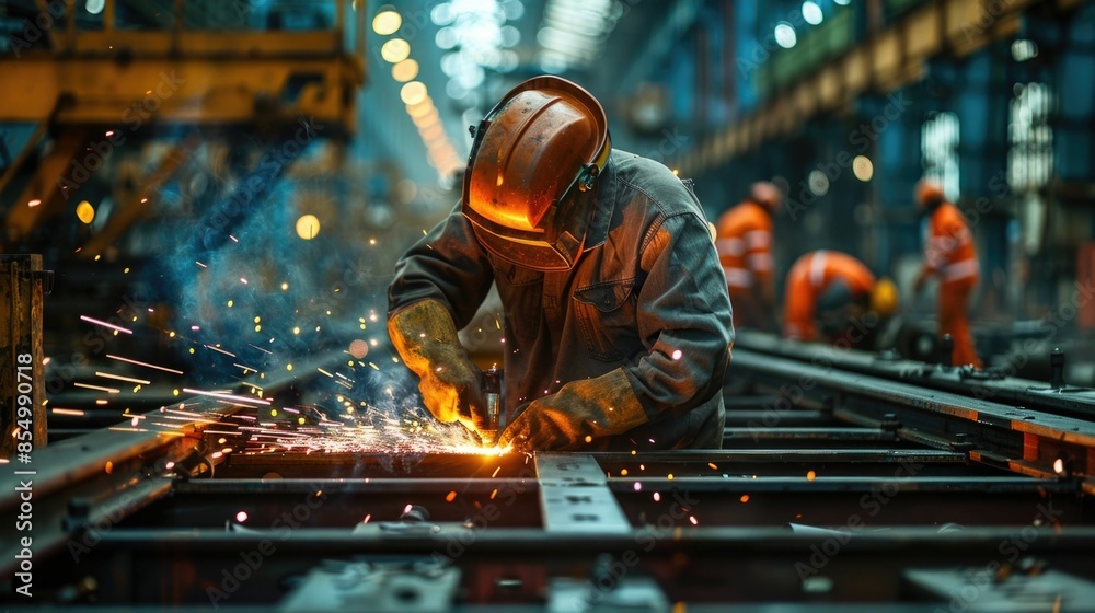 Steel Fabrication Workers Operating Heavy Machinery and Welding in an Industrial Workshop Environment with Bright Sparks Smoke and Metallic Surroundings Steel Fabrication Workers Operating Heavy Machinery and Welding in an Industrial Workshop Environment with Bright Sparks Smoke and Metallic Surroundings