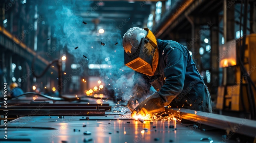Steel Fabrication Workers Operating Heavy Machinery and Welding in an Industrial Factory Workshop with Sparks Smoke and a Rugged Hazardous Work Environment Steel Fabrication Workers Operating Heavy Machinery and Welding in an Industrial Factory Workshop with Sparks Smoke and a Rugged Hazardous Work Environment