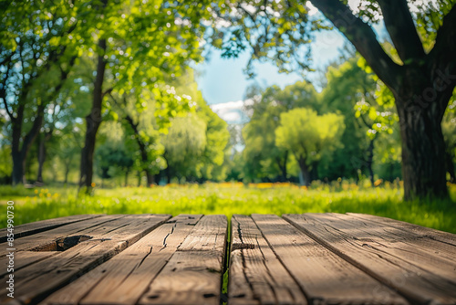 wooden table Close up with blurry trees generated.AI