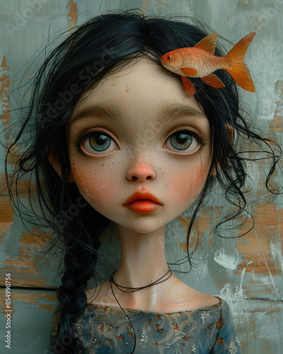 A girl with a fish on a table in the style of minimalism.