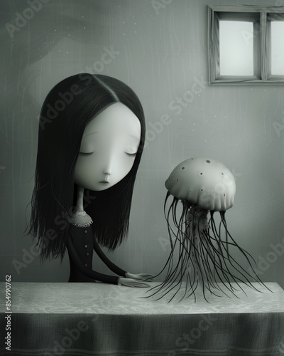 A girl with a jellyfish on a table in the style of  minimalism.