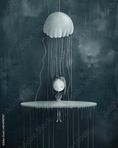 A girl with a jellyfish on a table in the style of  minimalism.