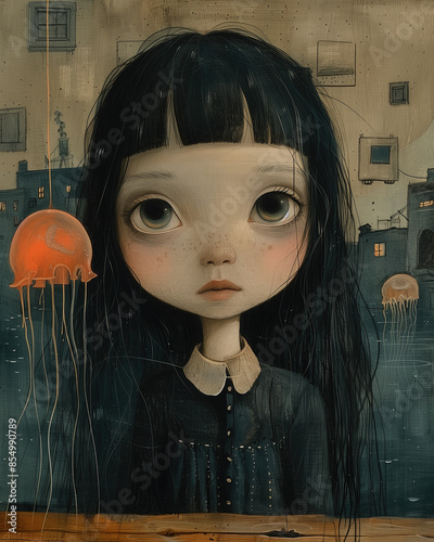 A girl with a jellyfish on a table in the style of  minimalism.