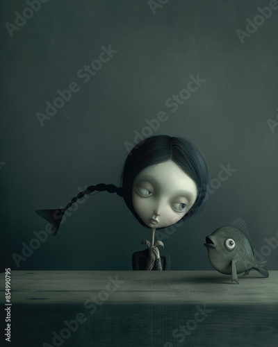 A girl with a fish on a table in the style of minimalism.