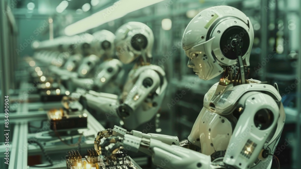 Robotic arms meticulously assembling electronic components in a highly automated futuristic production facility showcasing the precision and efficiency of modern manufacturing processes Robotic arms meticulously assembling electronic components in a highly automated futuristic production facility showcasing the precision and efficiency of modern manufacturing processes