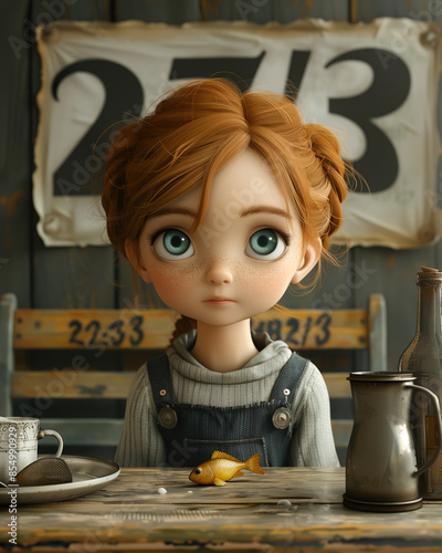 A girl with a fish on a table in the style of minimalism.