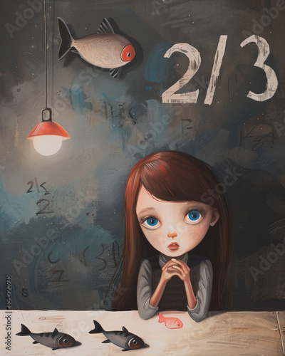 A girl with a fish on a table in the style of minimalism.