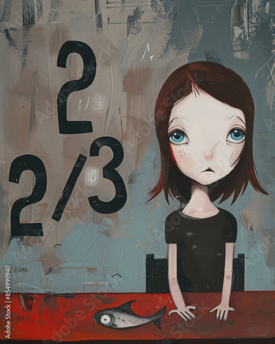 A girl with a fish on a table in the style of minimalism.