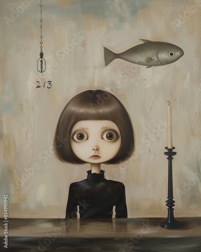 elegant and beautiful painting of a girl has short brown hair in a bob cut, standing behind a white marble dining room table with candle sticks on it