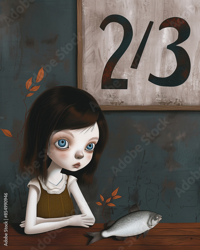A girl with a fish on a table in the style of minimalism.