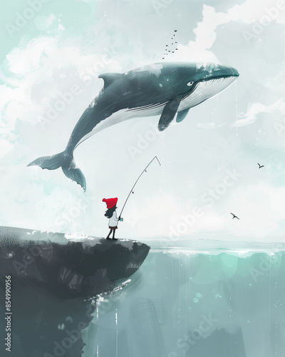 A little girl in red coat and white hat is fishing on the edge of an island, holding onto a line with one hand while sitting on it.