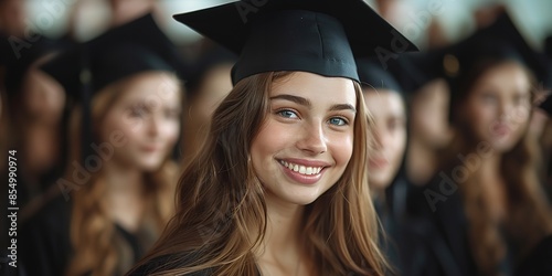 A young woman in a graduation cap and gown smiles during her graduation ceremony