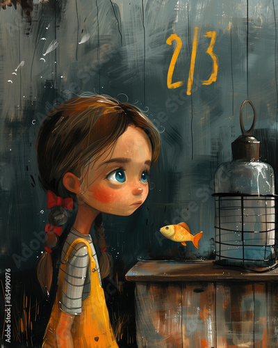 A girl with a fish on a table in the style of minimalism.
