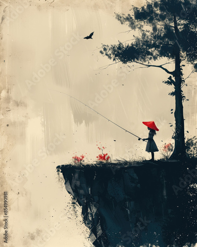 A little girl in red coat and white hat is fishing on the edge of an island, holding onto a line with one hand while sitting on it.