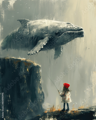 A little girl in red coat and white hat is fishing on the edge of an island, holding onto a line with one hand while sitting on it.