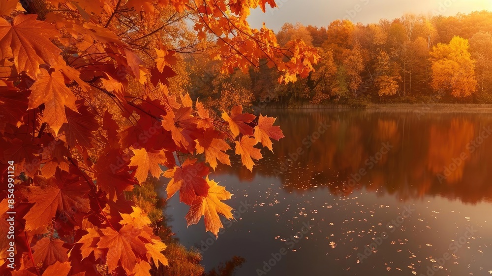 Beautiful autumn scene with vibrant orange and red leaves reflecting in a serene lake during sunset, showcasing the essence of the fall season. Beautiful autumn scene with vibrant orange and red leaves reflecting in a serene lake during sunset, showcasing the essence of the fall season.