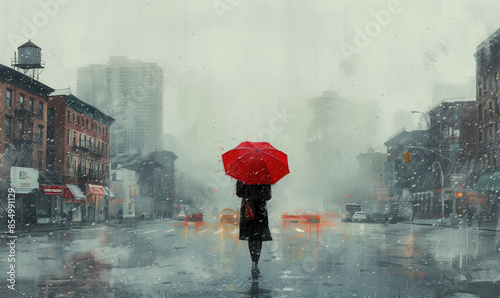 minimalist art print of old buildings in Brooklyn, girl with red umbrella, rain and foggy day