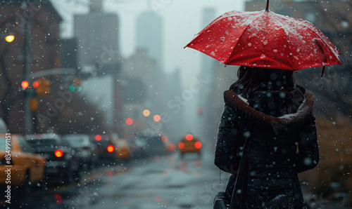 minimalist art print of old buildings in Brooklyn, girl with red umbrella, rain and foggy day