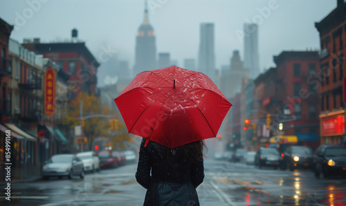 minimalist art print of old buildings in Brooklyn, girl with red umbrella, rain and foggy day