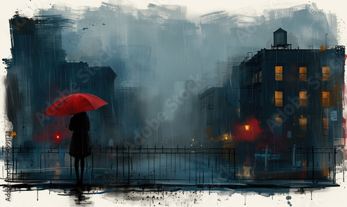 minimalist art print of old buildings in Brooklyn, girl with red umbrella, rain and foggy day