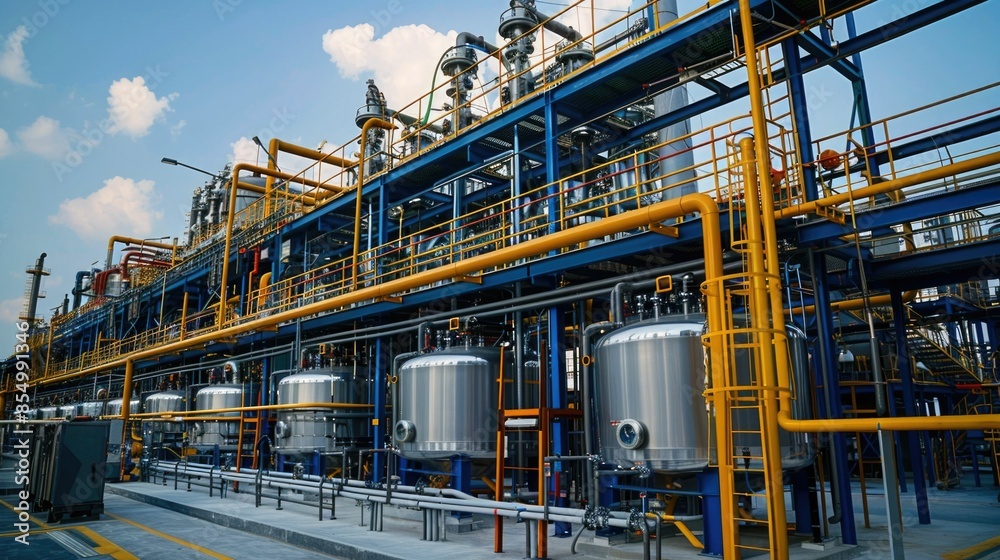 Aerial view of a large scale chemical processing plant with a network of towering storage tanks intricate pipework and other industrial equipment set against a dramatic cloudy sky backdrop Aerial view of a large scale chemical processing plant with a network of towering storage tanks intricate pipework and other industrial equipment set against a dramatic cloudy sky backdrop