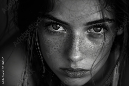 A close-up portrait of a person with intensely captivating eyes and freckles, expressing a poignant, deep, and almost haunting emotional intensity in monochrome