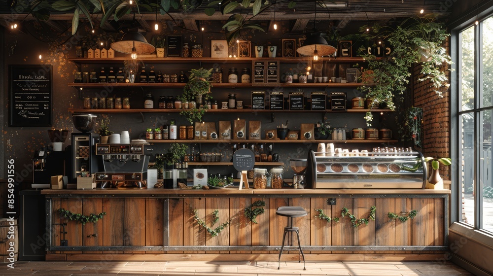 A detailed scene of a cozy, well-organized coffee shop interior adorned with an array of plants, vintage decor, and a well-stocked bar of coffee essentials A detailed scene of a cozy, well-organized coffee shop interior adorned with an array of plants, vintage decor, and a well-stocked bar of coffee essentials
