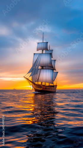 A large ship sails on the ocean with the sun setting in the background