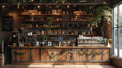 A detailed scene of a cozy, well-organized coffee shop interior adorned with an array of plants, vintage decor, and a well-stocked bar of coffee essentials