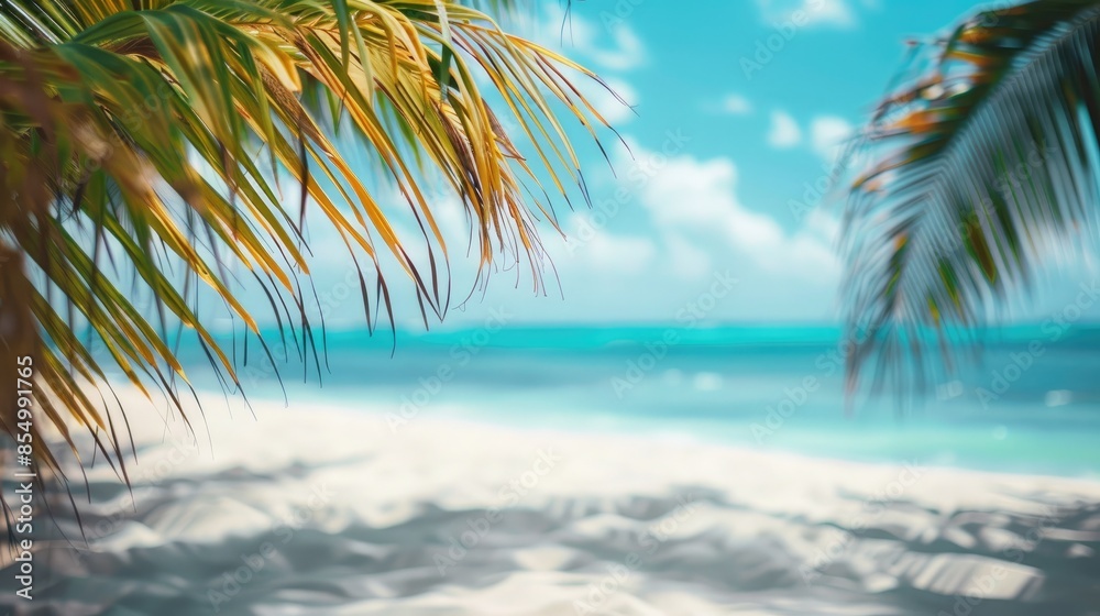 Fototapeta premium Beautiful tropical background with palm leaves and sand, closeup. Summer mock-up for presentation