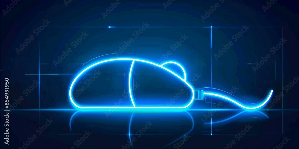 A blue neon light outline of an computer mouse on a dark background