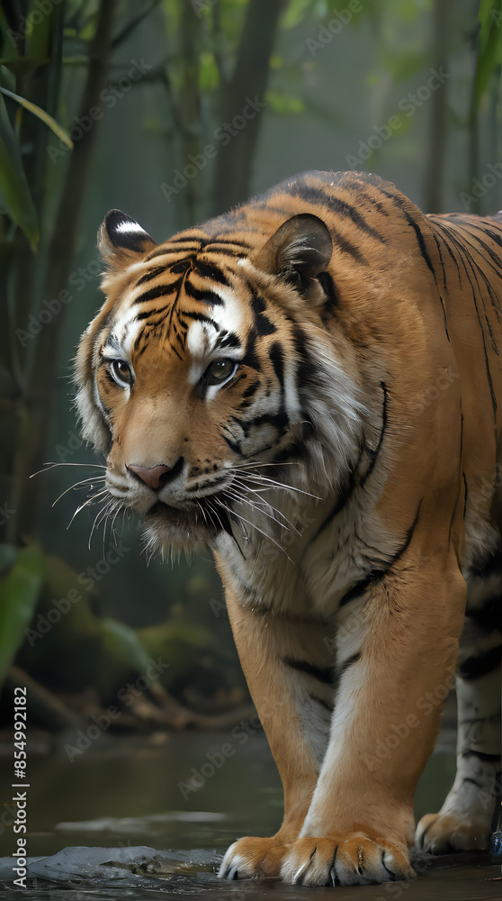 Obraz premium a tiger walking across a puddle of water