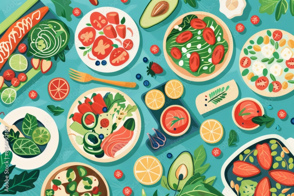variety and abundance of vegan food options with a flat illustration featuring a colorful array of plant-based dishes and ingredients variety and abundance of vegan food options with a flat illustration featuring a colorful array of plant-based dishes and ingredients