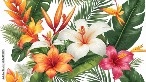 Seamless pattern. Beautiful natural tropical flower bouquet. Vector illustration. Isolated background