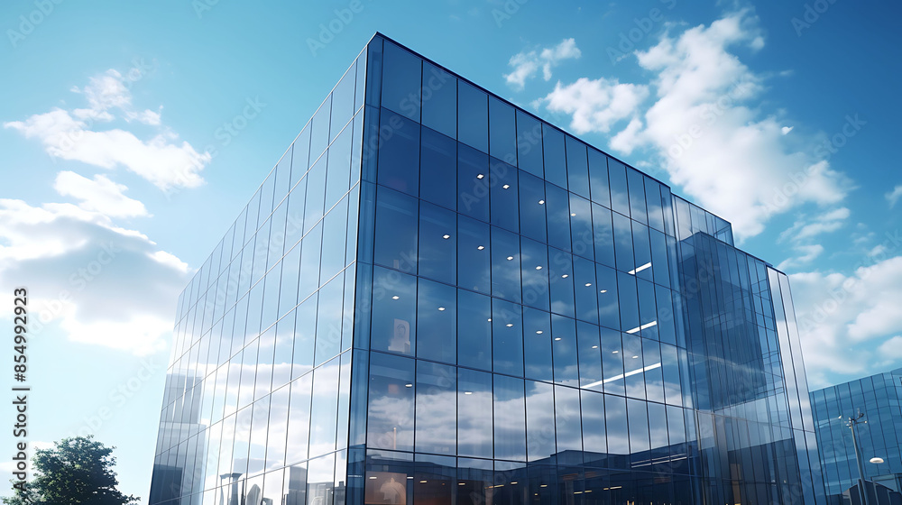 Fototapeta premium A modern glass office building rising against a clear blue sky, reflecting the hustle and bustle of city life below