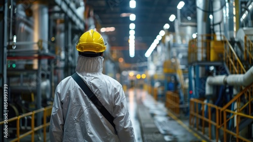 Factory Worker Wearing Hardhat and Safety Gear Following Industrial Safety Protocols and Procedures in a Manufacturing Facility or Warehouse Setting