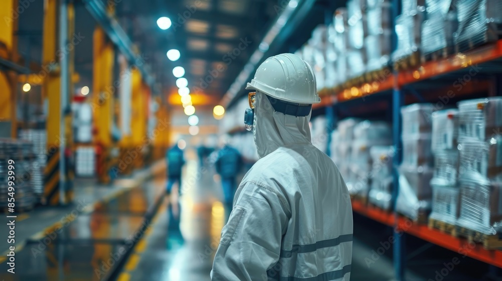 Industrial Factory Safety Protocols Being Followed in a Warehouse Setting with Workers Wearing Protective Uniforms and Navigating the Organized Shelving and Logistics of the Supply Chain Management Industrial Factory Safety Protocols Being Followed in a Warehouse Setting with Workers Wearing Protective Uniforms and Navigating the Organized Shelving and Logistics of the Supply Chain Management