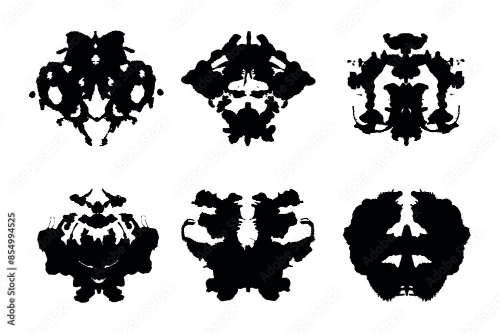 Rorschach inkblot test black silhouettes set. Symmetrical ink stain, psychology tests silhouettes
