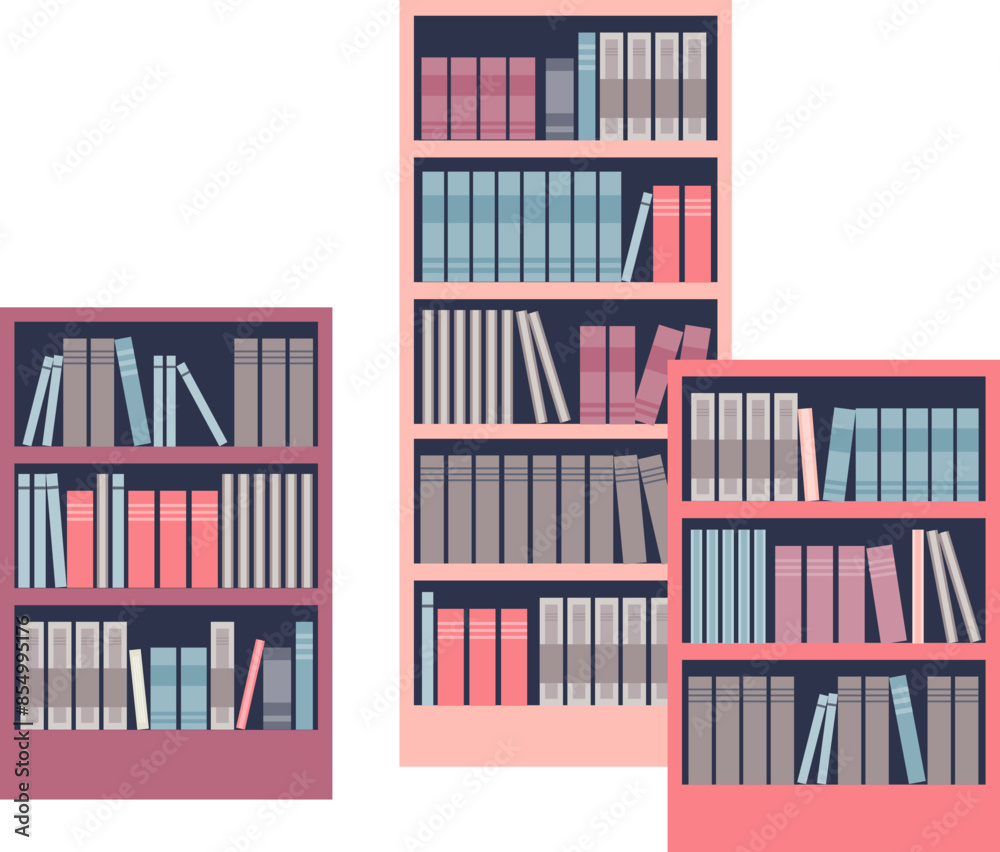 Three colorful bookshelves filled with various books. Three colorful bookshelves filled with various books.