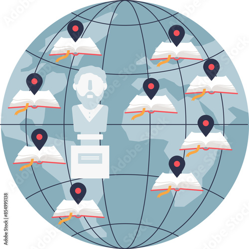 A globe with books and location markers, highlighting literary landmarks worldwide.