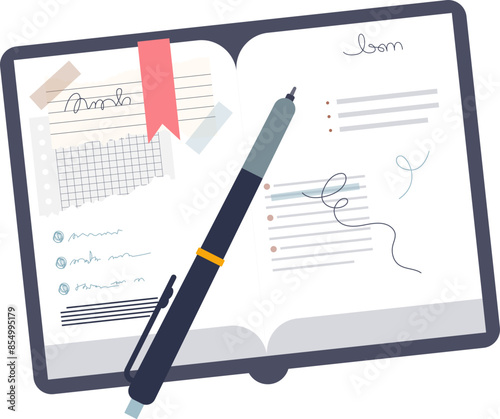 Open notepad with drafts, pen, and sticky notes.