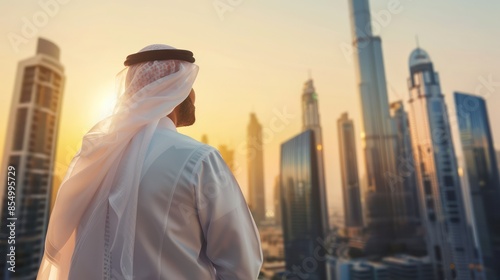 Happy Emirati Arab at office wearing Kandura looking at front ideal for Middle East business concept