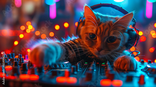 Dj cat with headphones at party night photo