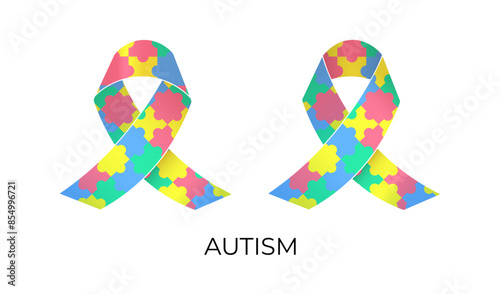 Autism awareness ribbon. Puzzle piece ribbon vector illustration