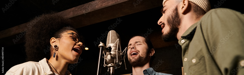 Fototapeta premium A diverse music band rehearsing together in a recording studio, passionately singing into a microphone.