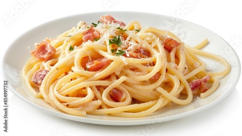 A plate of spaghetti carbonara, isolated on a white background, studio lighting to emphasize the creamy sauce and perfectly cooked pasta