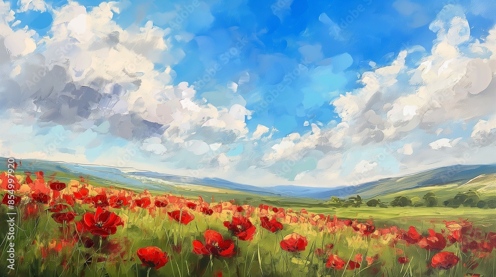 Blue sky and clouds, poppies and wildflowers meadow oil painting illustration Blue sky and clouds, poppies and wildflowers meadow oil painting illustration